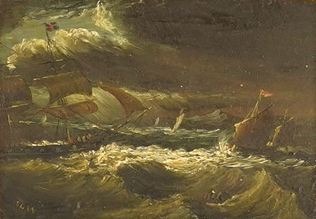 Late 19th / early century, miniature oil on board, Moonlit seascape with ships, initialled SLW, 7.5 x 10cm, ornate gilt frame. Condition - fair to good